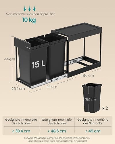SONGMICS Mülleimer küche, Mülltrennsystem für Unterschrank, 2 x 15 L, Abfalleimer 2 Fächer, ausziehbar, Stahlrahmen, ABS-Deckel, tintenschwarz LTB950B01 thumbnail 4