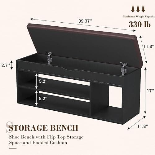 Apicizon 39 Inches Storage Bench with Padded Cushion, Shoe Bench with Storage Space, Upholstered Entryway Bench for Living Room, 2-Tier Shoe Rack Organizer, Black thumbnail 2