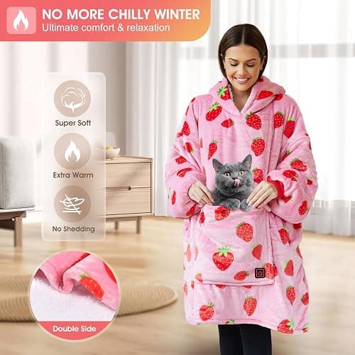Cootway Heated Wearable Blanket Hoodie, 3 Heat Level Oversized Strawberry Blanket Hoodie for Women Without Battery Pack, Cozy Warm Sweatshirt Blanket, USB Heating Hooded Blanket w/Sleeves&Giant Pocket thumbnail 3