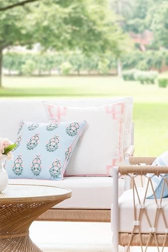 Hofdeco Premium Coastal Patio Indoor Outdoor Throw Pillow Cover Only, 20"x20" Water Repellent for Backyard, Couch, Blush Pink Embroidered Frame Greek Key thumbnail 2