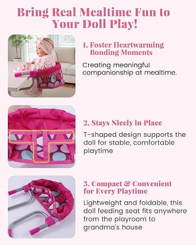 BABESIDE Baby Doll High Chair for 12–20 Inch Dolls, Foldable Table Seat | Clip-on doll chair folds flat for storage and travel; fits most 12–20 inch dolls and attaches to compatible table edges thumbnail 7