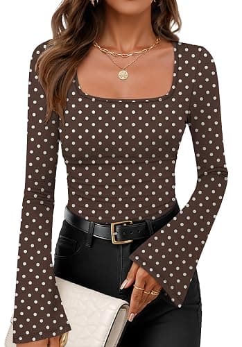 JUICICI Long Sleeve Shirts for Women 2026 Summer Crop Going Out Tops Casual Square Neck Bell Sleeve Ribbed Ruched Y2K Outfits thumbnail 2