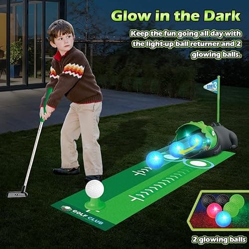 TERRAMUS Upgraded Kids Toy Golf Set with Dinosaur Automatic Golf Returner, Led Light Up Night Golf Balls, 3 Clubs, Putting Mat, 3-8 Toddler Mini Golf Games, Indoor Outdoor Sports Toys for Boys Girls thumbnail 4