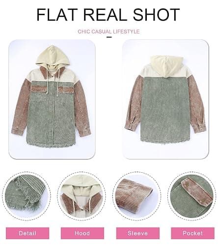 Dokotoo Womens 2025 Fall Corduroy Shacket Jacket Long Sleeve Button Down Color Block Hooded Coat with Pockets thumbnail 5