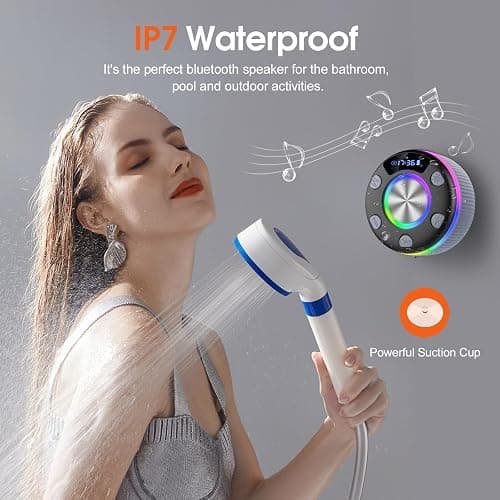 Bluetooth Shower Speaker, Portable Bluetooth 5.3 Speakers Wireless with Time Display, IP7 Waterproof Speakers with RGB Light, Suction Cup, Mini Stereo Speaker for Bathroom Party Beach Gifts, Grey thumbnail 5