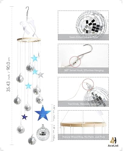 AceList Hanging Disco Ball Decor Suncatcher - 35" Boho Silver Wall Decor for Bedroom Aesthetic, 70s Retro Groovy Room Decoration, Shatterproof Sparkle Rainbow Maker with Stars, Unique Gifts thumbnail 2