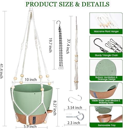 Fielda 10 Inch Hanging Planters for Indoor Plants, 2 Pack Self Watering Hanging Baskets Flower Pots with Drainage Hole, Visual Reservoir & 2 Kinds of Plant Hanger for Outdoor Garden Home Decor thumbnail 2