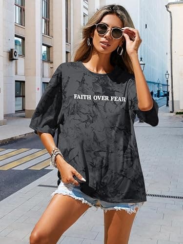 BANGELY Faith Over Fear Shirt Women Graphic Shirts Oversized Workout Gym Christian Religious Tees Drop Shoulder Tee Tops thumbnail 5