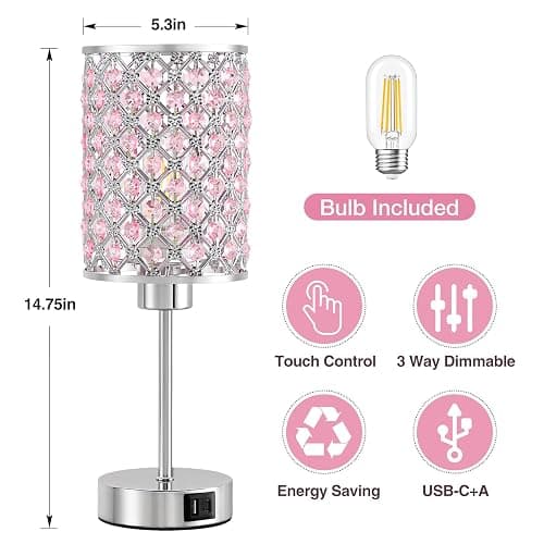 GyroVu Crystal Table Lamp, Pink Touch Lamp with USB C+A Ports, 3 Way Dimmable Lamp with Crystal Shade, Bedside Lamp Small Lamp for Girl Bedroom, Living Room(Buld Included) thumbnail 2