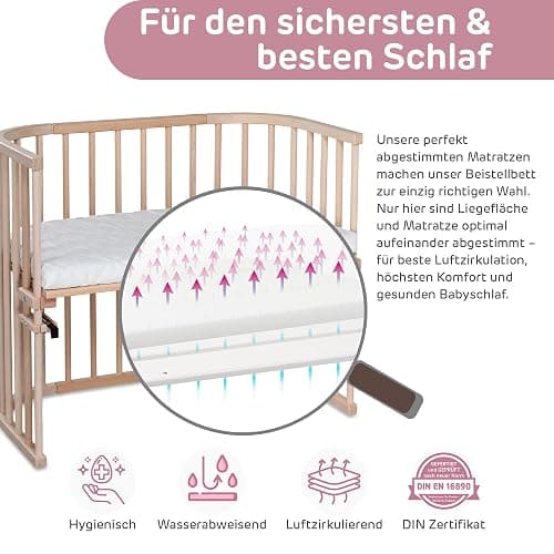 babybay Maxi lit cododo en Bois de hêtre Massif/Compact et modulable/Hauteur du lit réglable en continu/lit bébé évolutif (Naturel Non traité) / avec Matelas, Barres, Roues thumbnail 5