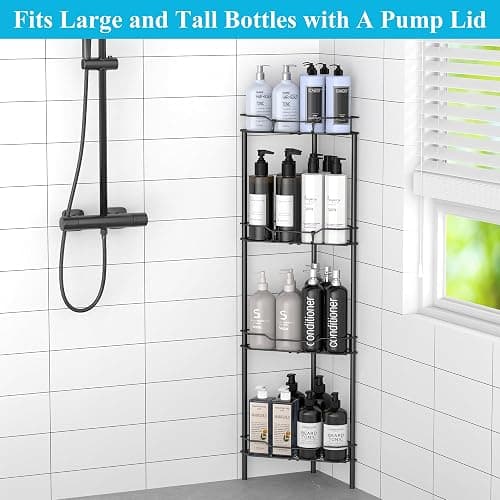 HuggieGems 4 Tier Floor Standing Corner Shower Caddy Organizer Shelf with Hooks, Bathroom Shelves Stand Rack, Black thumbnail 5
