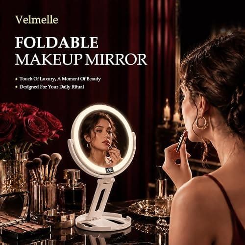 Travel Makeup Mirror with Lights, 1X/30X Double-Sided Magnifying Mirror | Velmelle Foldable Lighted Makeup Mirror with 2000mAh Battery, 3 Lighting Modes, Dimmable Touch Screen & Smart Display thumbnail 3