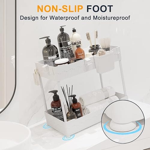 Sevenblue 2 Pack Under Sink Organizer, Under Bathroom Cabinet Organizer with Hooks Hanging Cup, Multi-Purpose Storage Shelf for Kitchen Bathroom (White, 12.8 Inch) thumbnail 6
