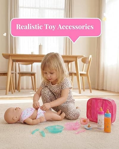 BABESIDE 13 Pcs Baby Doll Accessories Set with Magic Bottles Diapers Pacifiers and Storage Bag, Baby Doll Feeding Set with Realistic Baby Doll Accessories for Girls Pretend Play Toys thumbnail 6