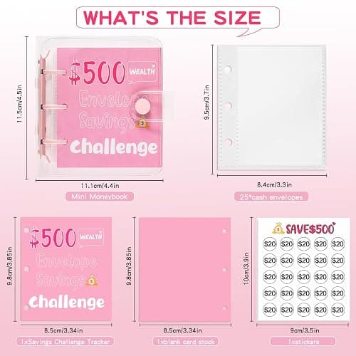 Drawelry Mini Money Saving Binder, 25 Cash Envelopes Money Saving Challenge Binder $500 $1000, Portable Savings Book Envelopes Stickers for Budgeting Planner Christmas Birthday Gift (Pink, $500) thumbnail 2