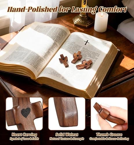 30Pcs Wooden Cross Fidget with Organza Bags Cross My Heart/ Encouragement Gift Handcrafted Walnut Pocket Cross Handheld Prayer Stress Relief Christian Faith Gifts Religious Easter Day Gifts (Brown thumbnail 4