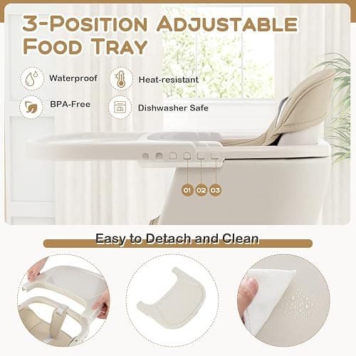 BABY JOY Convertible Baby High Chair, 3 in 1 Wooden Highchair/Booster/Chair with Removable Tray, Adjustable Legs, 5-Point Harness, PU Cushion and Footrest for Baby, Infants, Toddlers (Beige) thumbnail 5