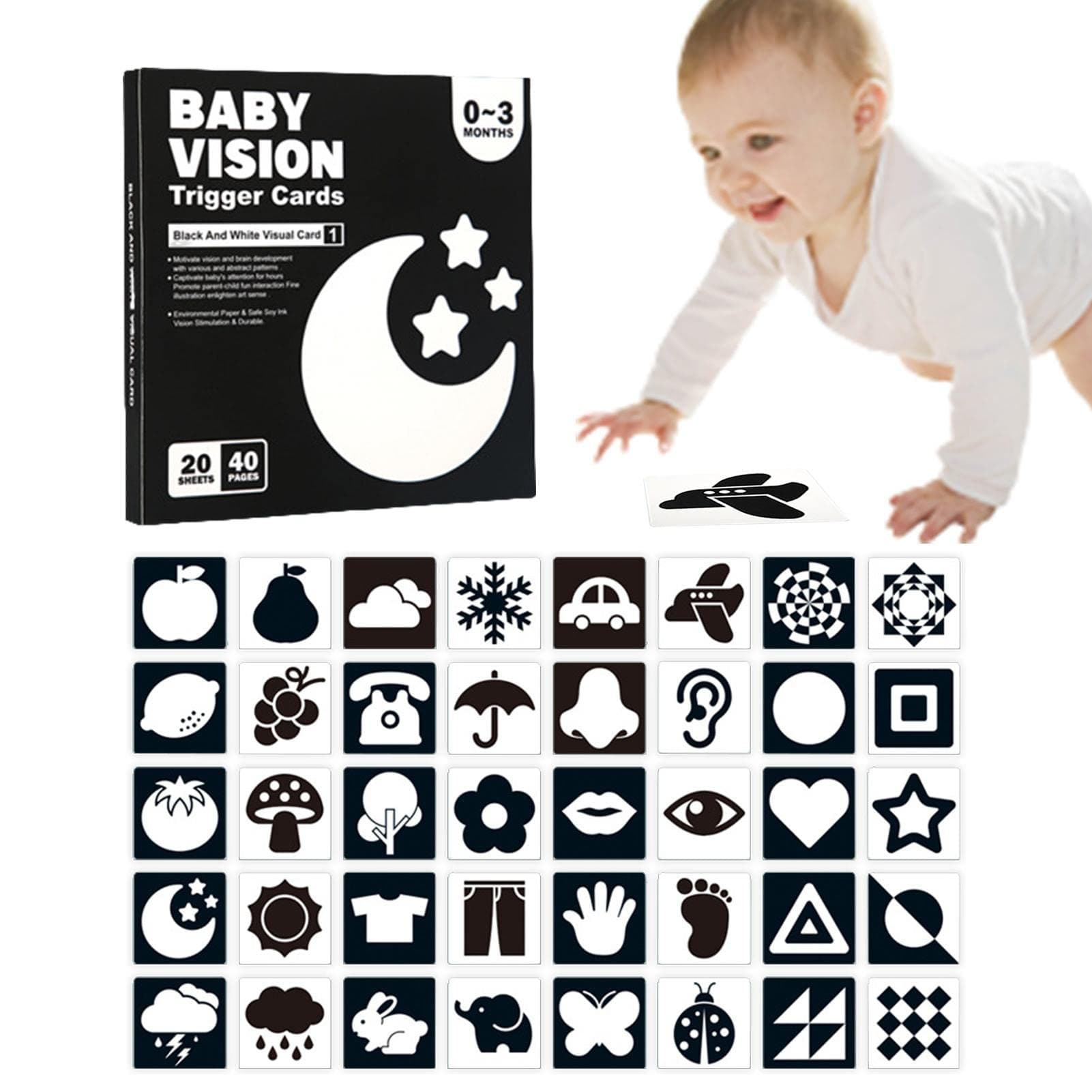 Tarjetas de estimulación visual, 20 tarjetas educativas para bebés en blanco y , estimulación visual, contraste, tarjetas de desarrollo sensorial para bebés recién nacidos de 0 a 3 meses thumbnail 2