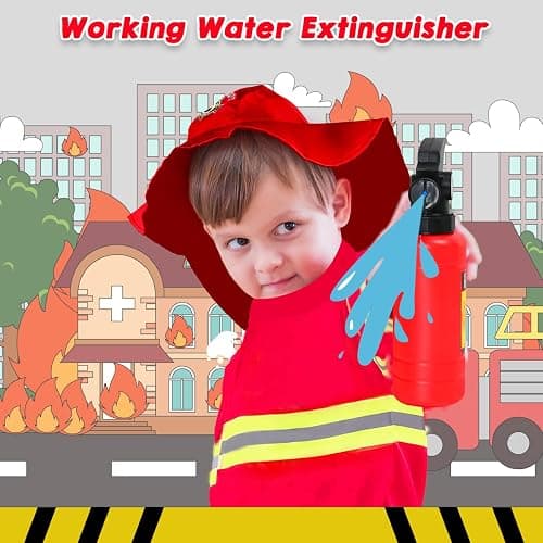 LOYO Kids Role Play World Book Day Costumes, Red Fireman Costume with Firefighter Outfit Toys Accessories for 3 to 6 Year Old Children thumbnail 4