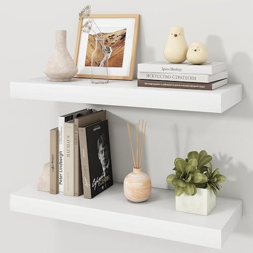 Ornawit 24" White Floating Shelves Wood Wall Shelf, White Color, Set of 2 | Wall Mounted Wood Shelves, For Bathroom, Bedroom, Living Room, Kitchen, Hanging Shelf for Books/Storage/Room Décor - Image 1