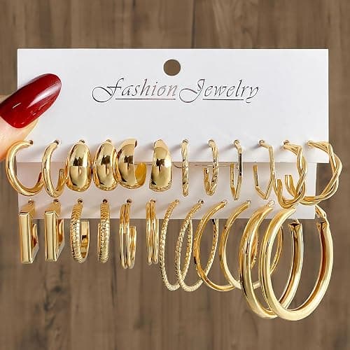 17IF 12 Pairs Golden Hoop Earring Set for Women Chunky Smooth Surface Trendy Small to Big Stud Earring Lightweight Twisted Pearl Ear Pack thumbnail 6
