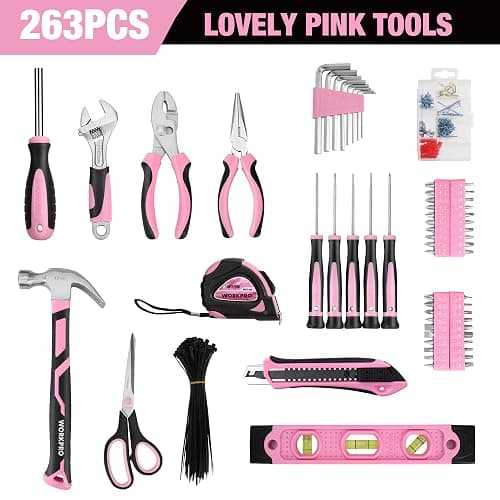 WORKPRO Pink Tool Kit, 263-Piece Home Repairing Tool Set with Wide Mouth Open Storage Bag, Household Tool Kit - Pink Ribbon thumbnail 8