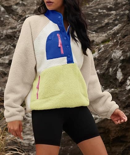 Yanekop Womens Fuzzy Fleece Pullover Sherpa Sweatshirt Long Sleeve Button Down Sweater Winter Fleece Jacket with Pockets thumbnail 4