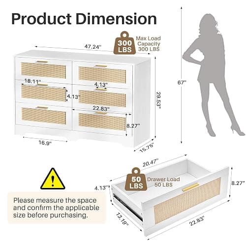 Redlife White Rattan Dresser for Bedroom, 6 Drawer Dresser with Golden Handles, Wood Storage Chest of Drawers for Closet, Living Room, Hallway and Entryway - Easy Assembly thumbnail 3