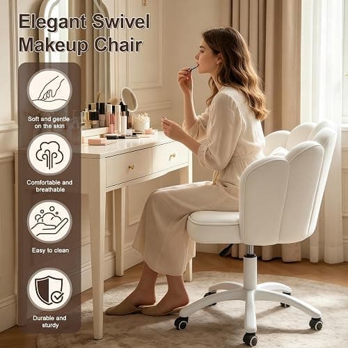 XUEGW Petal Desk Chair with Bow Cushion Velvet Vanity Chair with Wheels, Upholstered Home Office Chair for Girls Women, Mid-Back Swivel Computer Task Chairs for Living Room Bedroom thumbnail 3