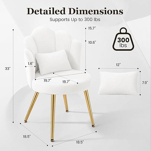 BestGlory Petal Makeup Vanity Chair with Back, Flower Chair Comfy No Wheels for Girls Women, Makeup Chair with Golden Metal Legs & Lumbar Pillow for Living Room/Makeup Room/Bedroom/Home Office - White thumbnail 2