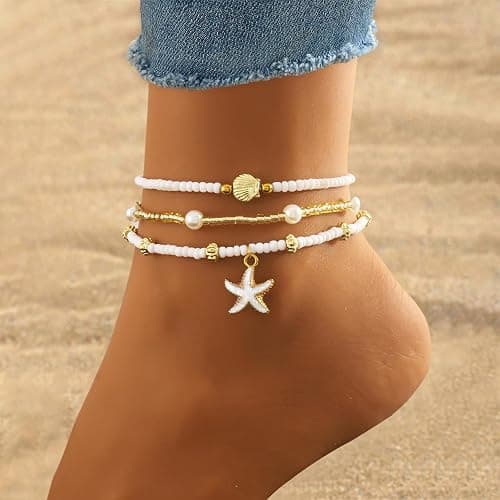 Qceasiy Bead Ankle Bracelets Set For Women, Adjustable Gold Plated Boho Shell Anklet, Hawaiian Beach Seashell Pearl Disc Starfish Conch Foot Jewelry, Summer Fashion Gifts thumbnail 5