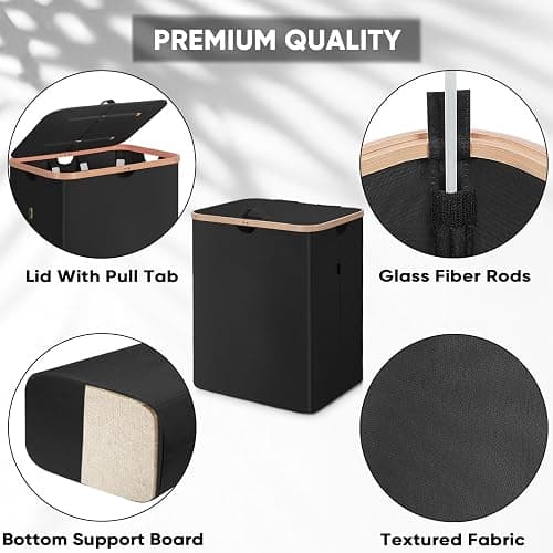 BALEINE Laundry Hamper with Lid, Tall Laundry Baskets with Bamboo Pull Handles, Large Laundry Bin with Internal Support (36 Gal/140L, Black) thumbnail 3