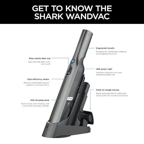 Shark WV201 WANDVAC Handheld Vacuum, Lightweight at 1.4 Pounds with Powerful Suction, Charging Dock, Single Touch Empty and Detachable Dust Cup,Graphite, Slate thumbnail 12