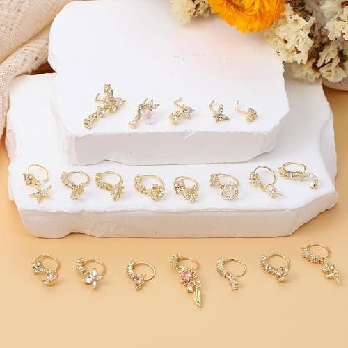 20pcs Dangle Nose Ring For Women 20g L Shaped Dangling Nose Stud Cz Heart Moon Star Butterfly Noses Rings Hoops Dangling Dangle Noses Piercing Jewelry thumbnail 6