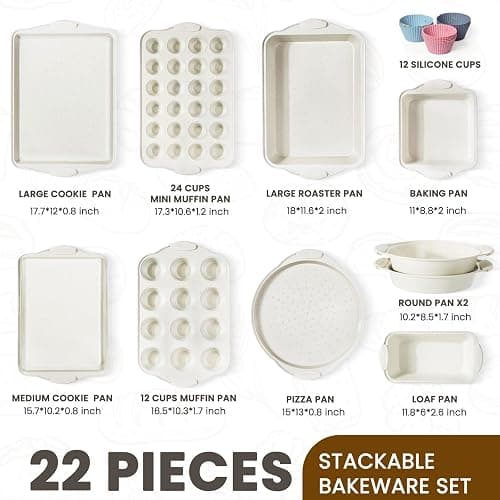 Kikcoin 22 PCS Nonstick Baking Pans Set, Stackable Bakeware Sets with Silicone Handles, 450°F Oven Safe Baking Sheet Set, Easy Release Cookie Sheets for Baking, Cream thumbnail 3