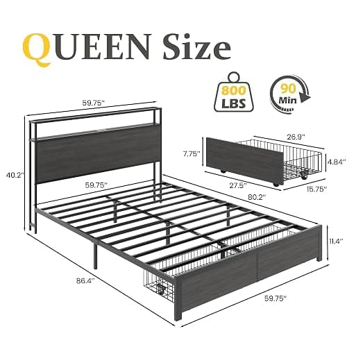 Lifezone Queen Bed Frame with 2-Tier Storage Headboard, Bedroom Metal Bed Frame with 2 Storage Drawers & Fast-Charging Station & LED, Noise-Free, No Box Spring Needed, Easy Assembly, Rustic Grey thumbnail 2