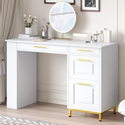 4 EVER WINNER White Desk with Drawers, 48 Inch Small Desks with Power Outlet and Side Shelf, Wood Computer Desk with Storage for Small Spaces, Study, Bedroom, White and Gold thumbnail 7