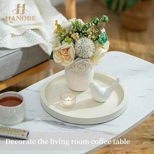 Hanobe Decorative Tray for Coffee Table: Round Ottoman Tray for Living Room 12" Modern Dining Table Organizer Decor Dresser Display Entryway Countertop Cream White thumbnail 4