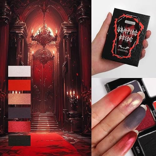 DE'LANCI Schwarzer Roter Lidschatten Palette,Rot White Dark Grey Goth Smoky Eyeshadow Palette,6 Farben Matte Shimmer Burgundy Metallic Halloween Makeup Palette für Zombie Vampir Clown - Schwarzer Roter thumbnail 5