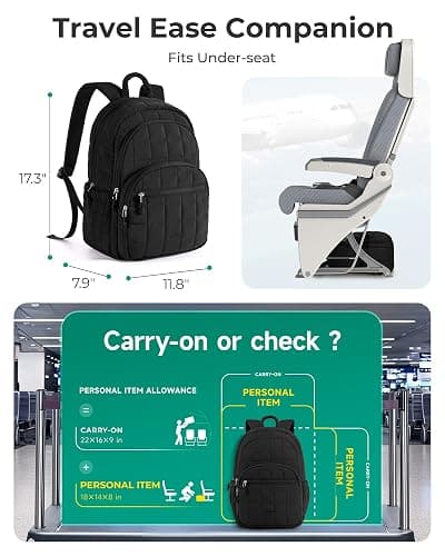 BAGSMART College Laptop Backpack, Travel Backpack for Women, Quilted Casual Daypack, Water-Resistant Bookbag for 15.6 Inch Laptop, Black thumbnail 3