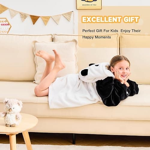 IFNOW Wearable Blanket Hoodie Kids, Oversized Fleece Blanket Sweatshirt Christmas Birthday Gifts for Boys, Girls, Teen Hoodie with Portable Foldable Blanket Pillow, Animal Embroidery 5-15 Years, Panda thumbnail 6