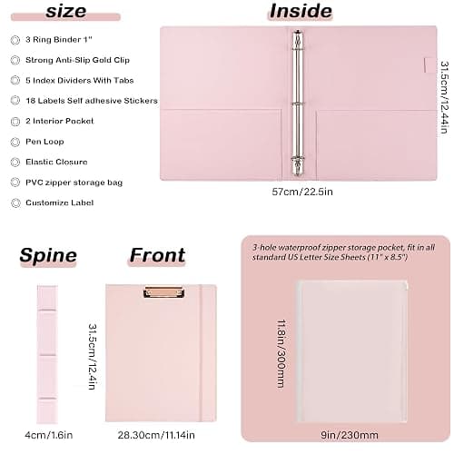 Etzul Hardcover 3 Ring 1 inch Leather Binder, Letter Size Binder Dividers with Tabs, PVC Zipper Pouch, Professional Organizer, Faux Rose Pink Leather thumbnail 5