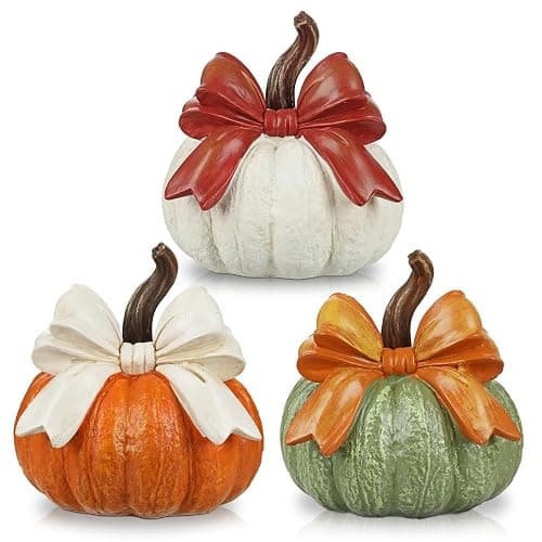 Set of 3 Fall Decorations for Home, Artificial Resin Pumpkin with Bow Decor | Fall Harvest Decorative Rustic Pumpkins Statues Indoor Outdoor Halloween Table Centerpiece Thanksgiving Home Decor - Image 1