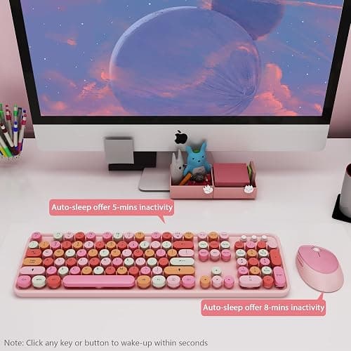 KOOTOP Cute Pink Wireless Keyboard and Mouse, 2.4G Retro Round Keycap for PC, Mac, Laptop, Tablet, Computer Windows thumbnail 7