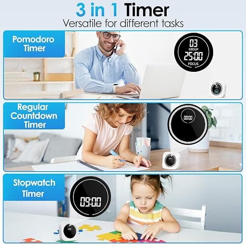 HAUKINIX 99-Minute Visual Timer with Pomodoro Timer Productivity Focus Timer Countdown Stopwatch Desk ADHD for Study, Work, Student, Procrastination, Loud Alarm/Mute/Vibration, 2 Brightness Levels thumbnail 5