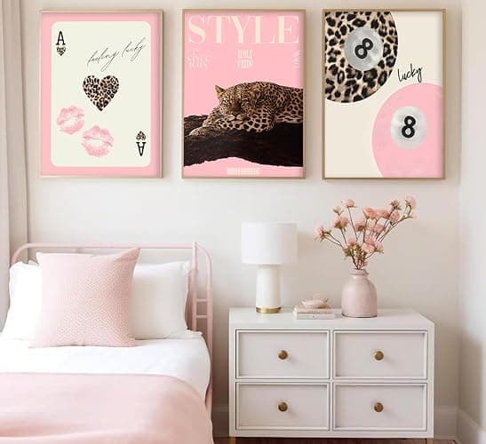 3Pcs Trendy Pink Leopard Wall Art Preppy Leopard Lucky 8 Ball Poster Printing Artwork Y2k Coquette Funky Cheetah Aesthetic Room Decoration for College Apartment, Girls Bedroom Dorm Scene Home Decor thumbnail 6