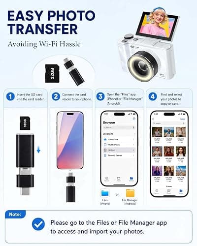 W & O 4K Digital Camera for Photography,Flip Screen Digital Camera for Kids | 64MP Vlogging Camera for YouTube with SD Card,16X Zoom Autofocus,Point and Shoot digital cameras for Teens Beginner,White thumbnail 4