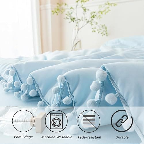 PERFEMET 5 Pieces Twin Bedding Sets Light Blue Pom Pom Comforter for Girls | Soft Fluffy Solid Bed Sets for Bedroom All Season Boho Bed in A Bag for Kids Women with Comforter, Sheets & 2 Pillowcases thumbnail 4