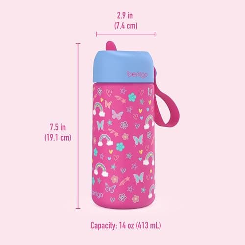 Bentgo® Kids Stainless Steel Insulated Water Bottle - Leak-Proof; Keeps Cool for 12 Hours; Durable, BPA-Free, Dishwasher Safe 14 oz. Cup for Ages 3+ for School/Sports/Daycare (Rainbows & Butterflies) thumbnail 2