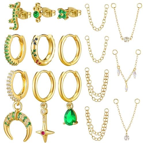 Ferreve 16 Pcs Gold Earrings Chain Stud Earrings Set for Women Dainty Huggie Dangle Hoop Surgical Steel CZ Green Lizard Asymmetrical Cartilage Studs - Image 1
